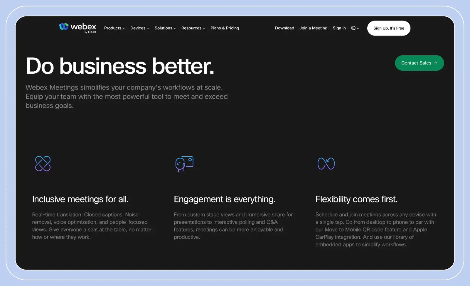 Stylized screenshot of the Cisco Webex website landing page, showcasing the different features offered by the platform.