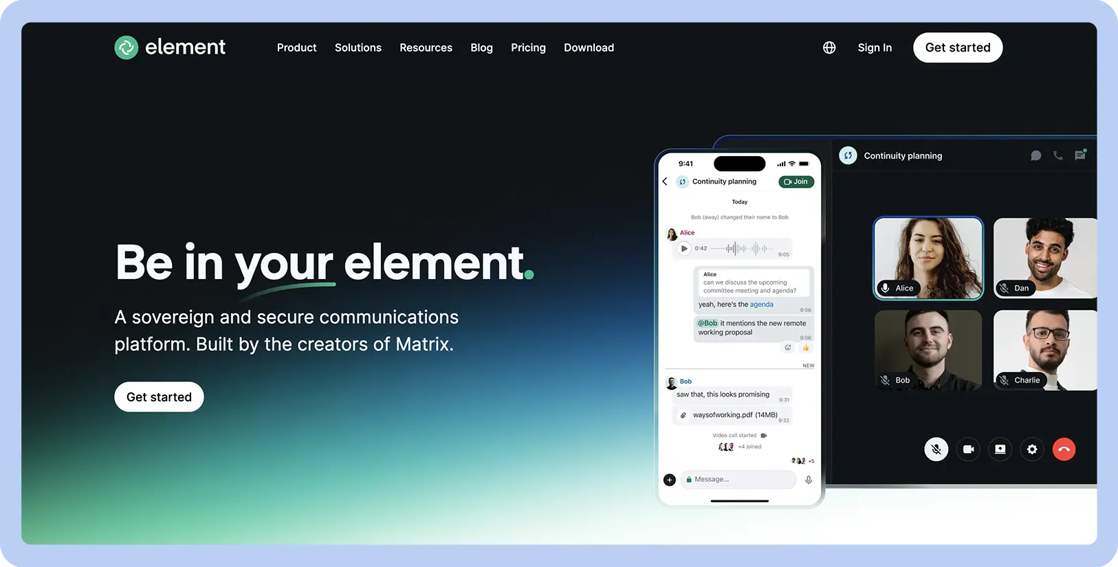 Screenshot of Element website