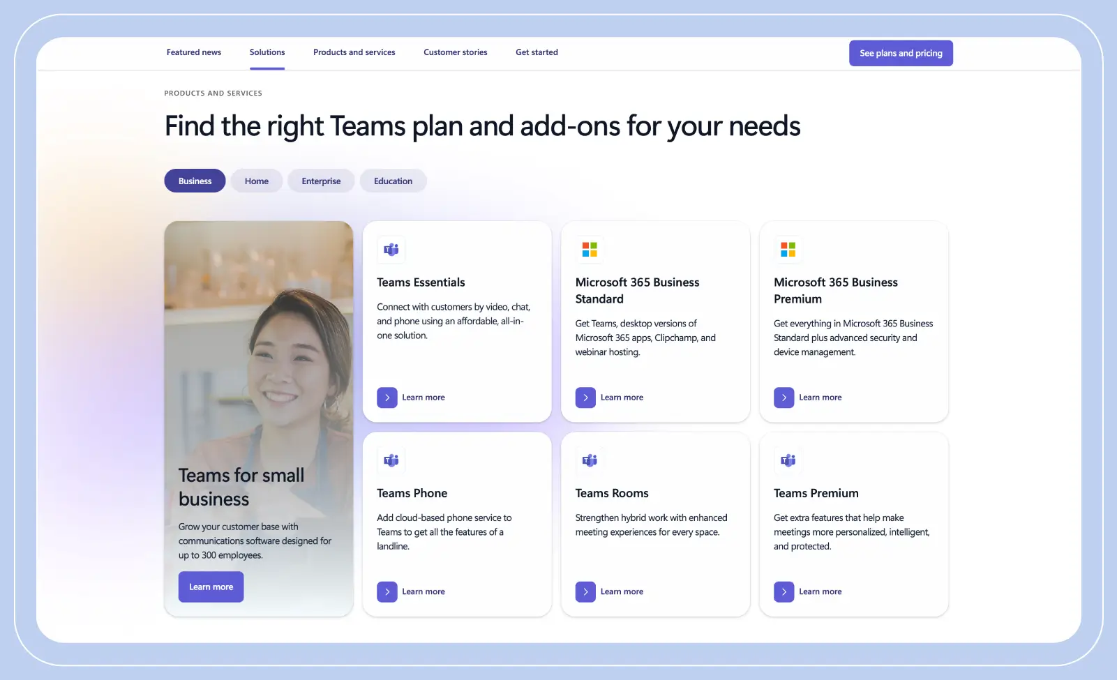 Stylized screenshot of the Microsoft Teams website landing page, showcasing the different features offered by the platform.