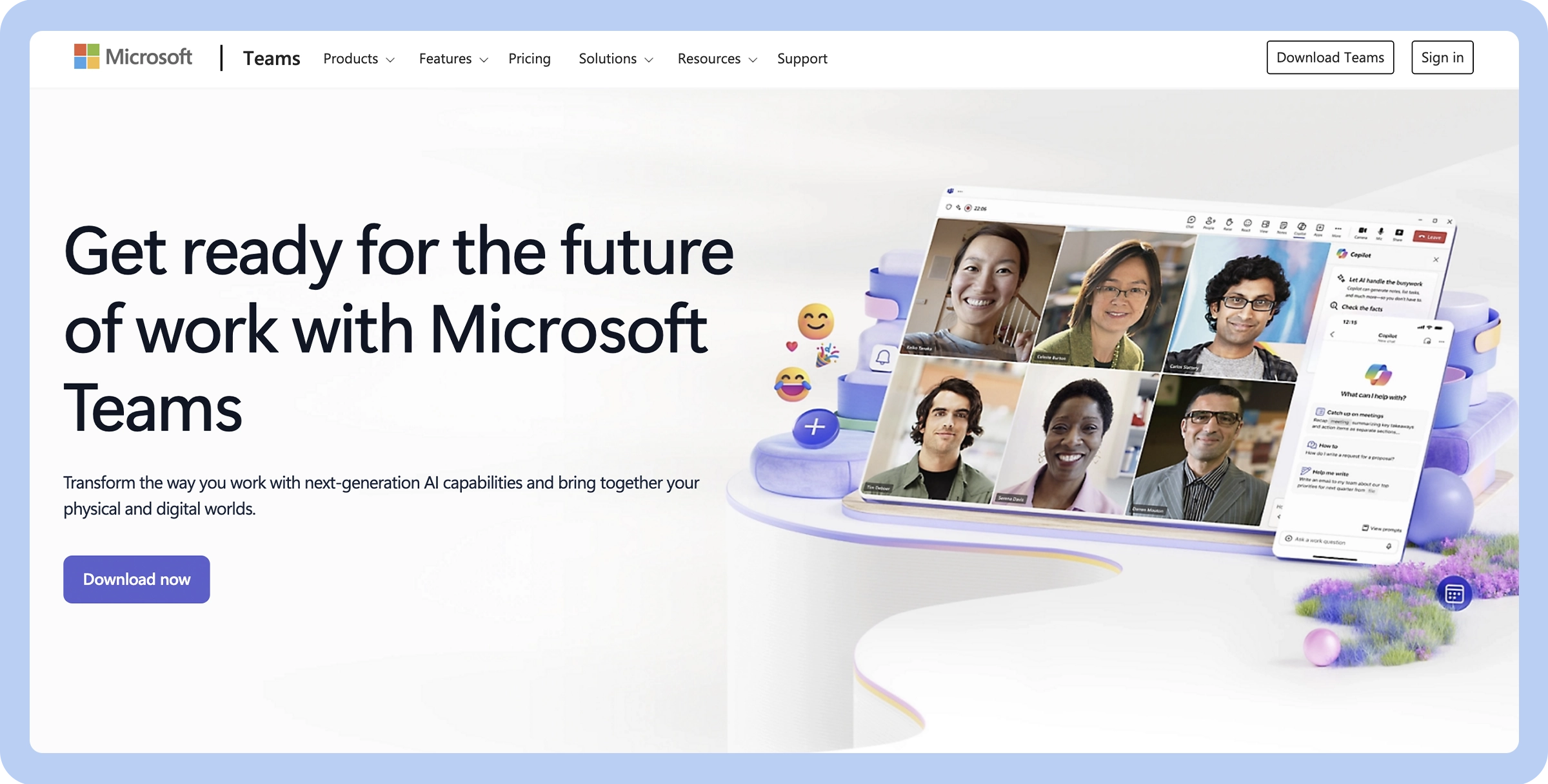 Stylized screenshot of the Microsoft Teams website’s landing page depicting the company colors and logo as well as a screenshot of the platform and a link to the download page.