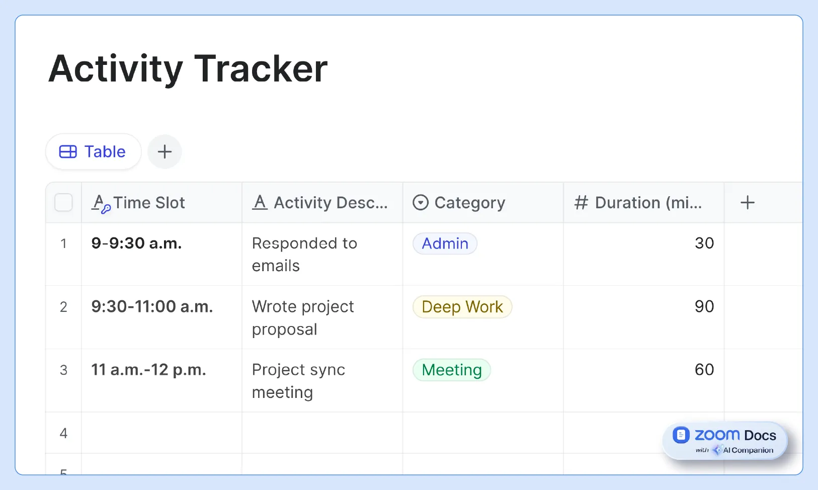 Screenshot of Zoom Docs' activity time tracker template screenshot