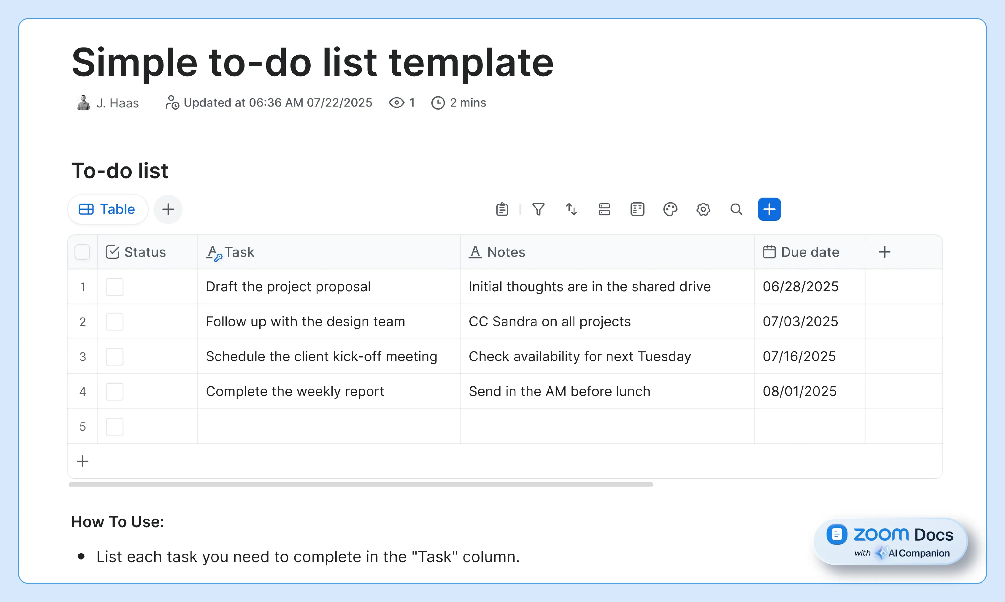 Screenshot of Zoom Docs simple to-do list template