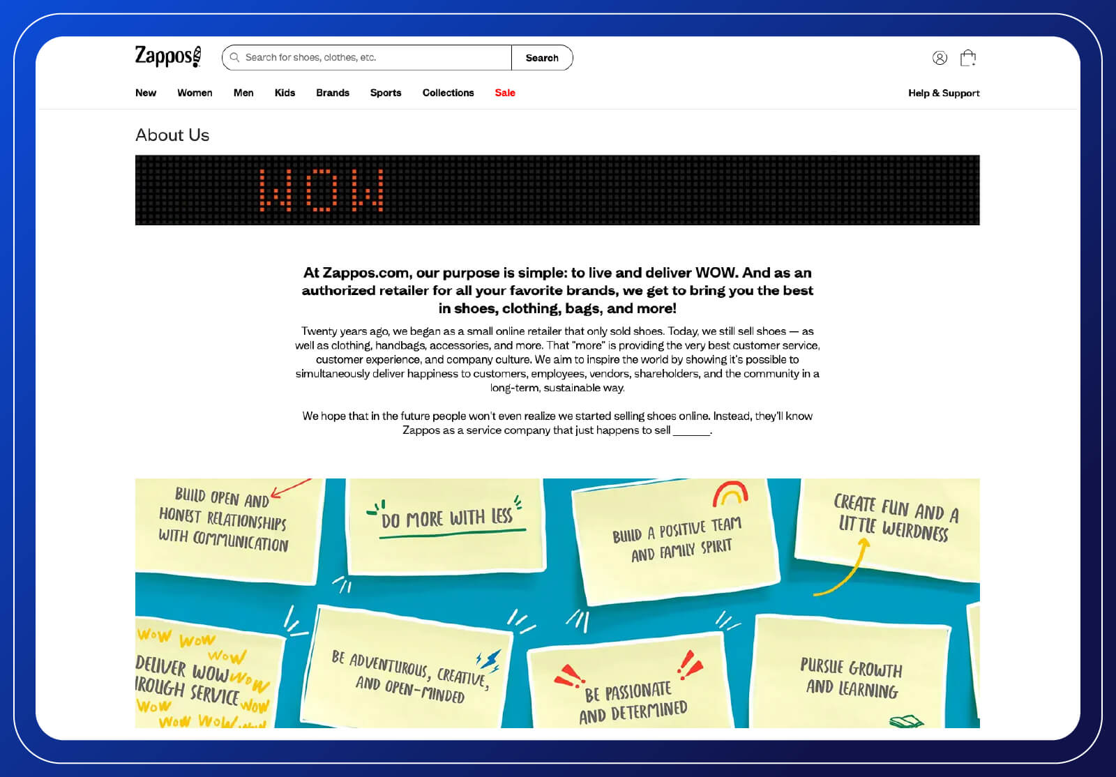 Zappo’s about us webpage with company story, mission statement, and fun illustration with company values written on post-it notes.