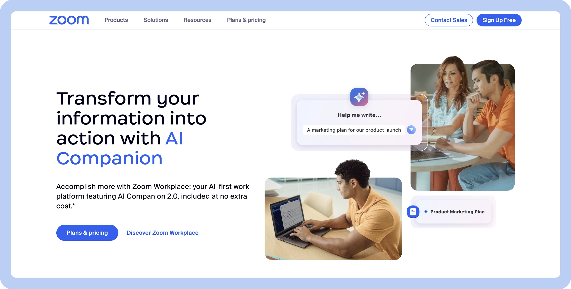 Stylized screenshot of the Zoom website’s landing page depicting the company colors and logo as well as links to pricing and sign up pages.