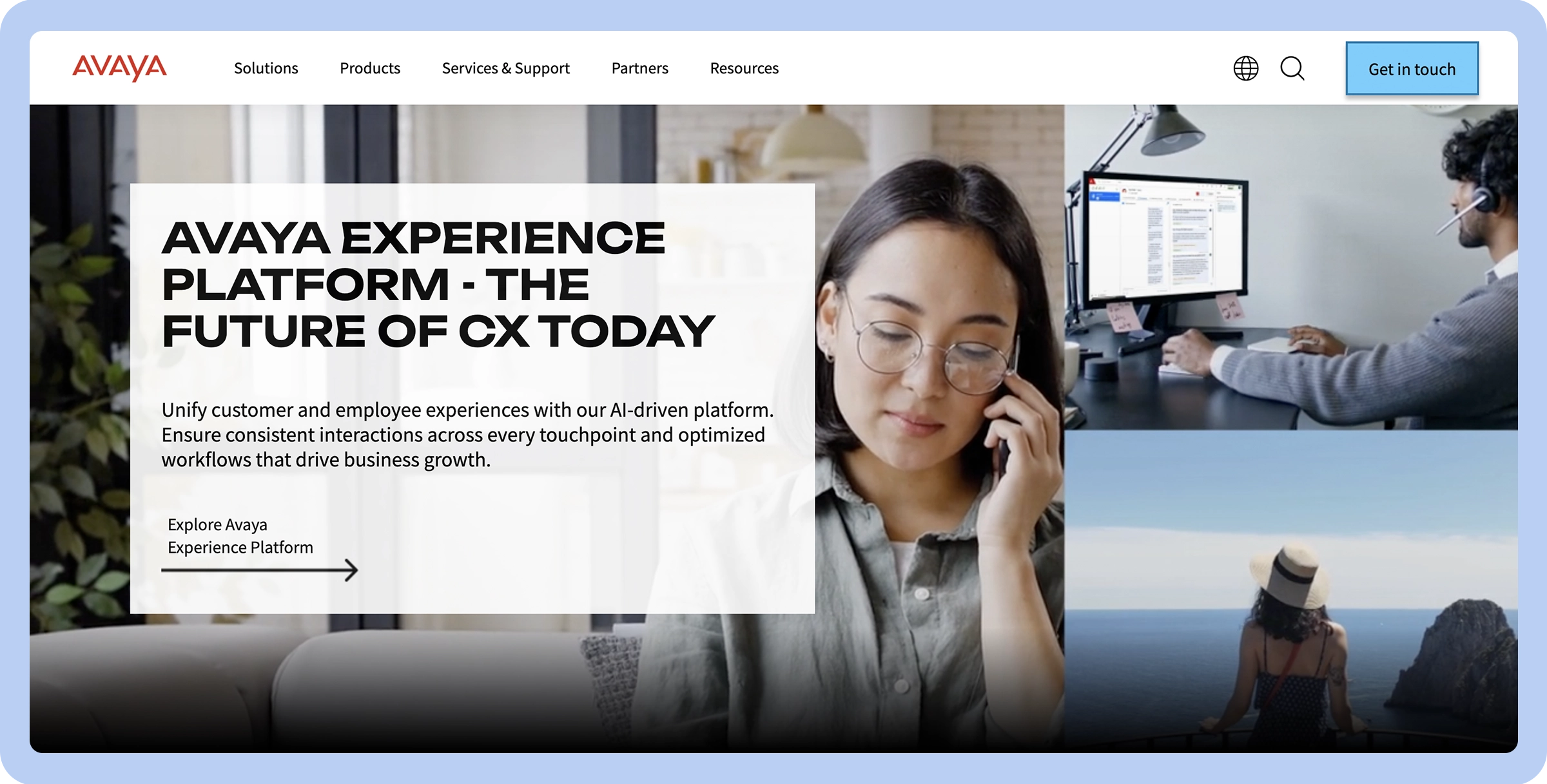 Stylized screenshot of the Avaya website’s landing page depicting multiple individuals working, on the phone, or traveling